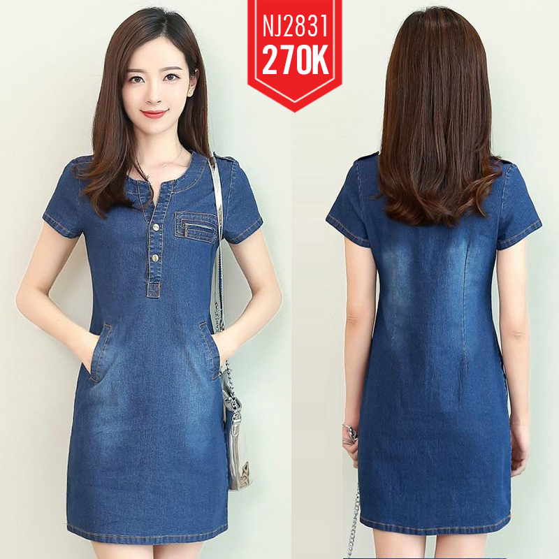 ĐẦM JEAN SUÔNG CỔ TRỤ PHỐI DÂY KÉO